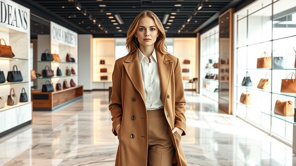 Elegant woman in tailored camel coat and white silk blouse standing in modern luxury boutique with marble floors and designer handbags displayed on shelves, soft natural lighting through large windows