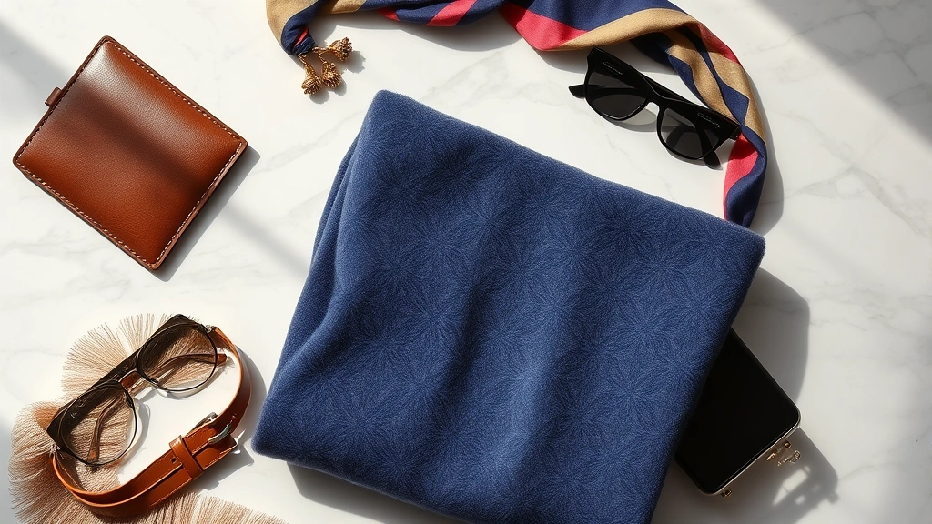 Overhead flat lay of luxury fashion items including folded cashmere sweater in jewel tone, premium leather accessories, silk scarf, and designer sunglasses arranged on marble surface with subtle shadows