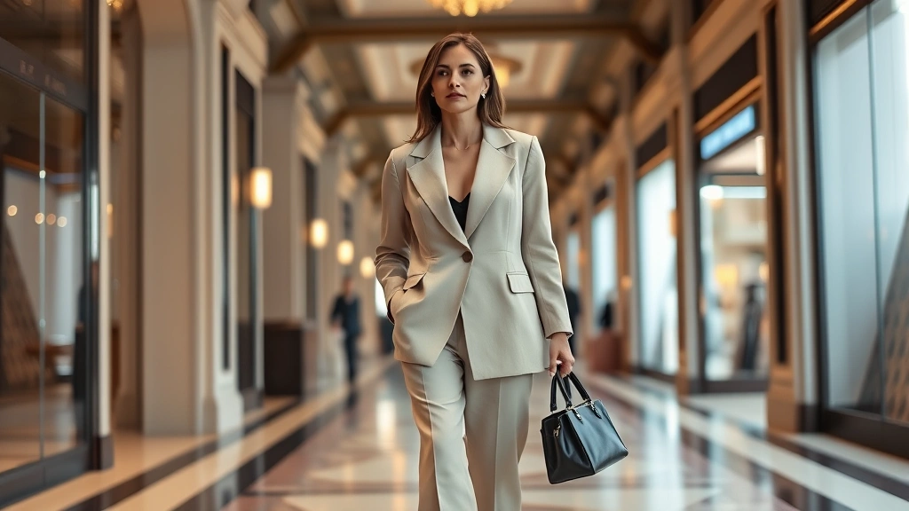 Sophisticated woman wearing oversized structured blazer, wide-leg trousers, and luxury handbag walking through upscale shopping corridor with architectural details and soft ambient lighting