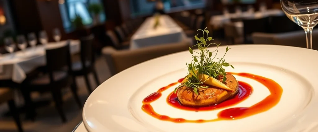 Elegant plated fine dining dish with microgreens and artistic sauce presentation on white ceramic plate, fine dining restaurant interior with soft ambient lighting in background, photorealistic food photography