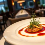 Elegant plated fine dining dish with microgreens and artistic sauce presentation on white ceramic plate, fine dining restaurant interior with soft ambient lighting in background, photorealistic food photography