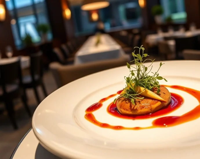 Elegant plated fine dining dish with microgreens and artistic sauce presentation on white ceramic plate, fine dining restaurant interior with soft ambient lighting in background, photorealistic food photography