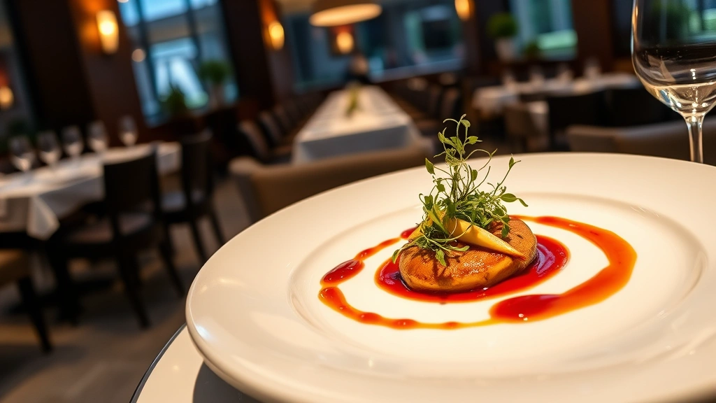 Elegant plated fine dining dish with microgreens and artistic sauce presentation on white ceramic plate, fine dining restaurant interior with soft ambient lighting in background, photorealistic food photography