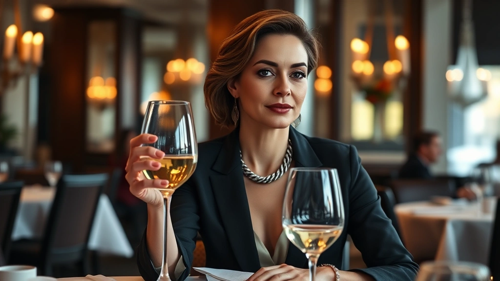 Sophisticated woman in tailored blazer and statement jewelry dining at upscale restaurant with wine glass, soft candlelit ambiance, refined elegant atmosphere, photorealistic lifestyle photograph