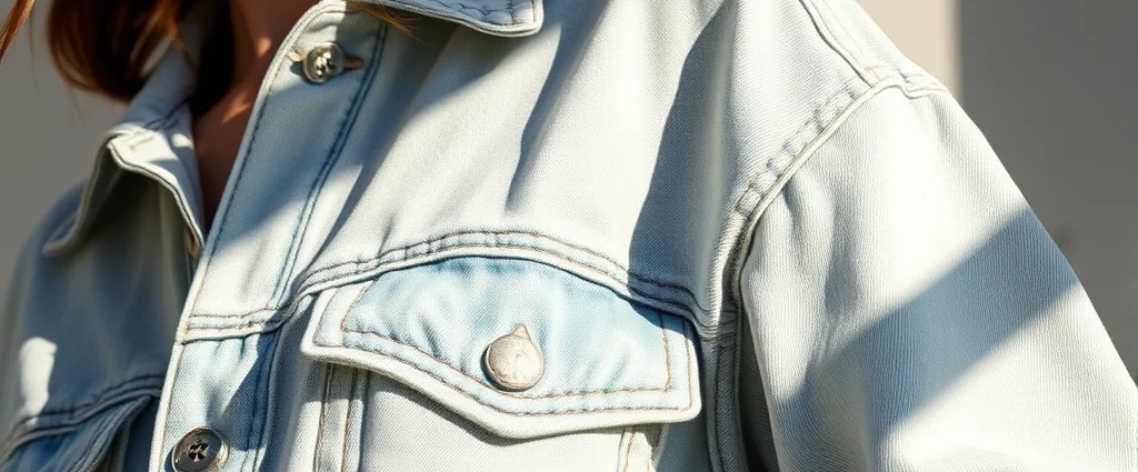 Close-up of a model wearing a vintage-inspired bleached oversized denim jacket with natural sunlight creating dramatic shadows on the fabric texture, showcasing the acid-washed aesthetic without visible text or logos
