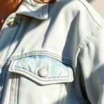 Close-up of a model wearing a vintage-inspired bleached oversized denim jacket with natural sunlight creating dramatic shadows on the fabric texture, showcasing the acid-washed aesthetic without visible text or logos