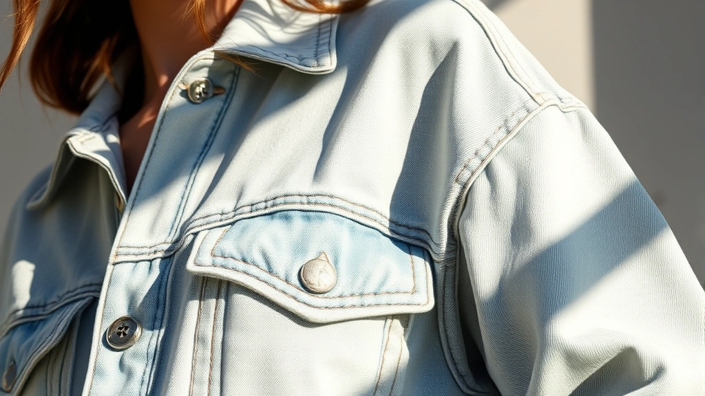 Close-up of a model wearing a vintage-inspired bleached oversized denim jacket with natural sunlight creating dramatic shadows on the fabric texture, showcasing the acid-washed aesthetic without visible text or logos