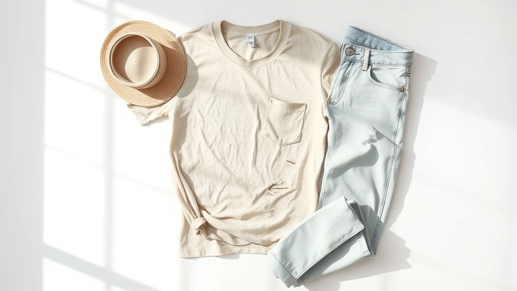 Flat lay composition of carefully arranged bleached cotton garments in neutral tones, including a distressed t-shirt and light-washed jeans, photographed from above with soft natural lighting against a white background
