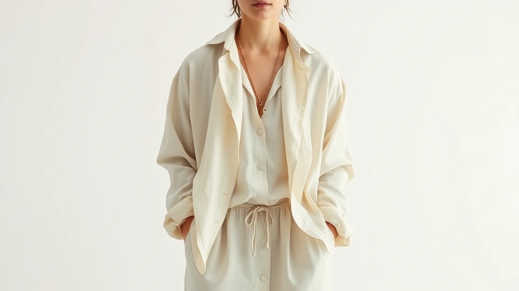 Fashion-forward styled shot of someone wearing a bleached linen ensemble with minimalist accessories, standing in a bright studio setting with clean white backdrop, emphasizing the ethereal quality of lightened fabrics