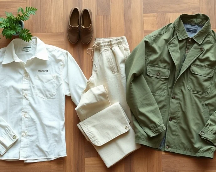 Flat lay of sustainable clothing items including organic cotton shirt, linen pants, and recycled fabric jacket arranged artfully on natural wood surface with green plants