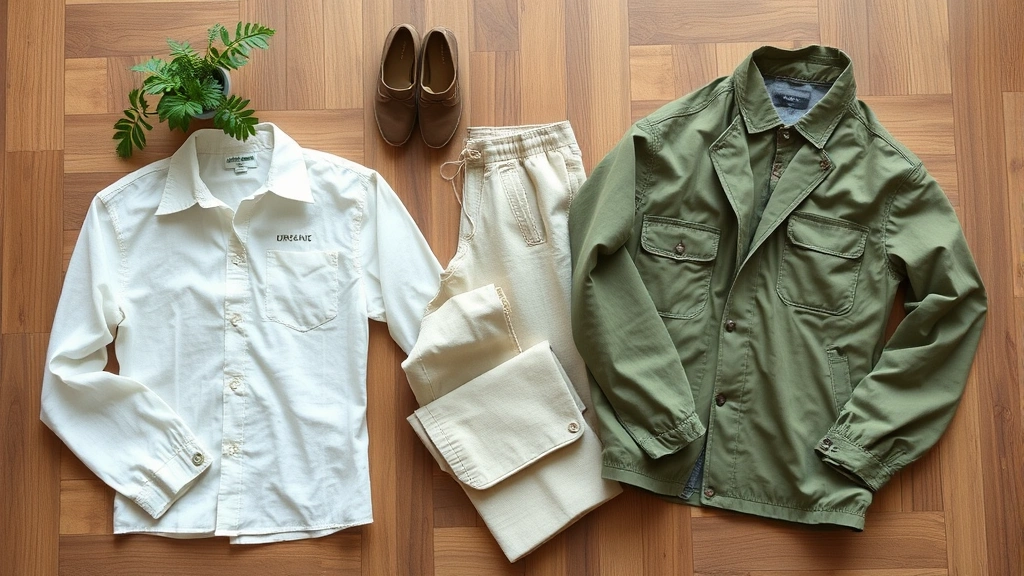 Flat lay of sustainable clothing items including organic cotton shirt, linen pants, and recycled fabric jacket arranged artfully on natural wood surface with green plants