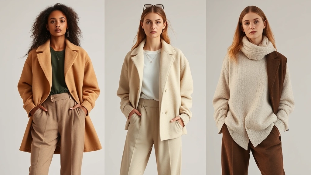 Fashion model wearing cohesive sustainable capsule wardrobe pieces in neutral earth tones, styled for versatile styling across seasons, modern minimalist aesthetic