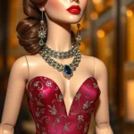 Fashion doll wearing elegant evening outfit with jewel-tone colors, metallic accessories, and sophisticated styling suitable for upscale nightlife venue, photorealistic quality, professional product photography style