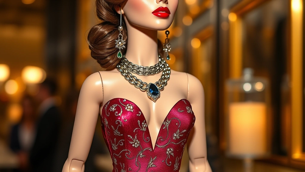 Fashion doll wearing elegant evening outfit with jewel-tone colors, metallic accessories, and sophisticated styling suitable for upscale nightlife venue, photorealistic quality, professional product photography style