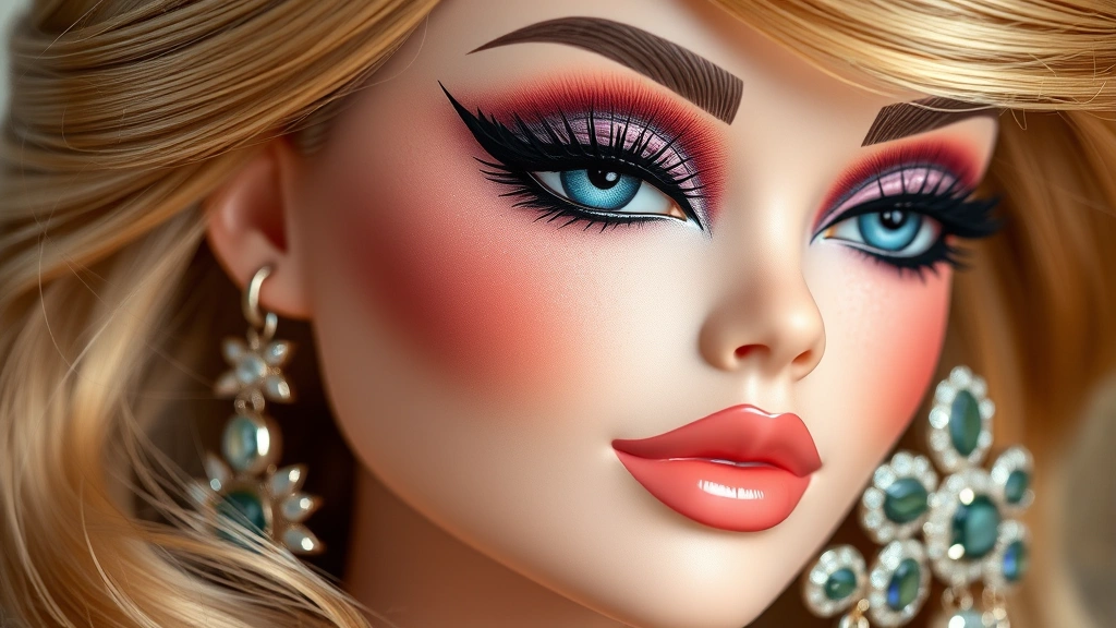 Close-up detail of fashion doll's face showing contemporary makeup application with defined eye makeup, accessorized with statement jewelry and styled hair demonstrating current beauty trends