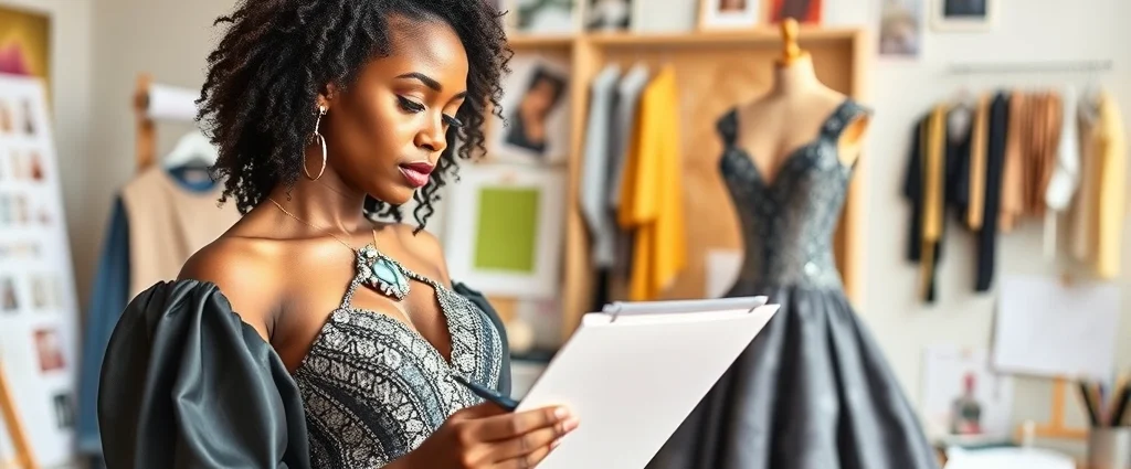 Young diverse female fashion designer sketching bold diamond-themed couture gown, holding fabric swatches, creative studio workspace with mood boards and design tools visible