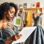 Young diverse female fashion designer sketching bold diamond-themed couture gown, holding fabric swatches, creative studio workspace with mood boards and design tools visible