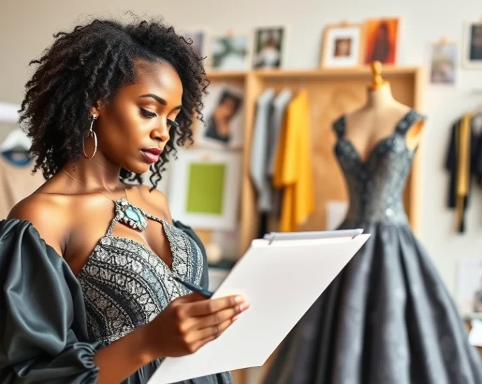 Young diverse female fashion designer sketching bold diamond-themed couture gown, holding fabric swatches, creative studio workspace with mood boards and design tools visible