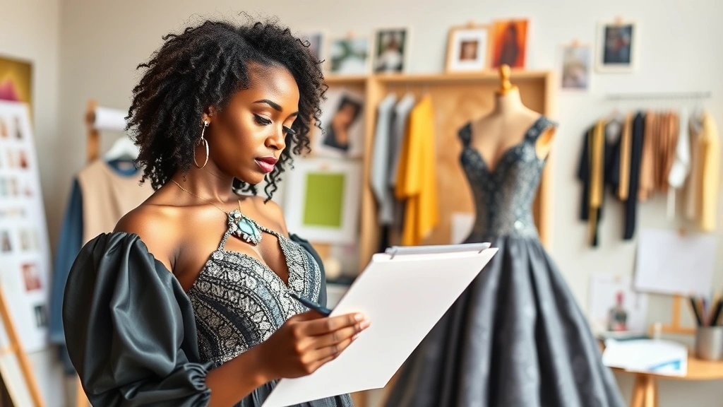 Young diverse female fashion designer sketching bold diamond-themed couture gown, holding fabric swatches, creative studio workspace with mood boards and design tools visible