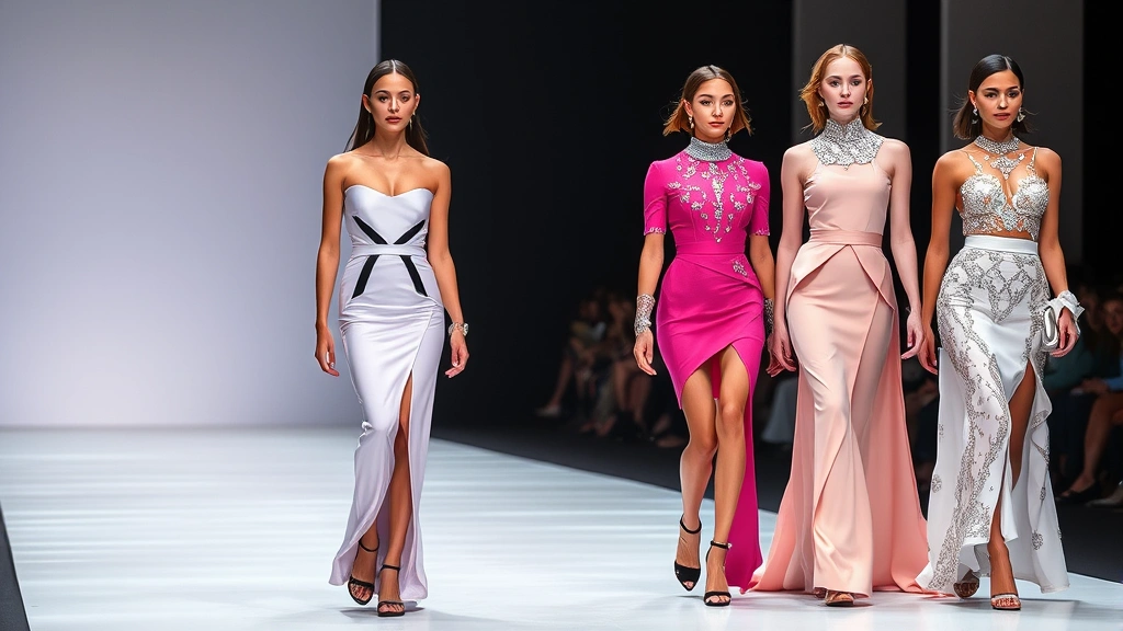 Four stylish young women modeling elegant haute couture pieces featuring sophisticated color palettes, architectural silhouettes, and luxury diamond-inspired embellishments on a fashion runway