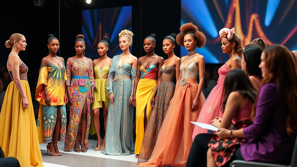 Fashion design competition scene showing diverse designers presenting colorful collection pieces to judges, featuring jewel-toned fabrics, innovative silhouettes, and statement accessories on display