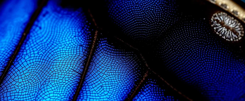 Close-up of iridescent morpho butterfly wing scales showing brilliant blue structural coloration, photorealistic macro photography with soft natural lighting, shallow depth of field emphasizing intricate texture and shimmer