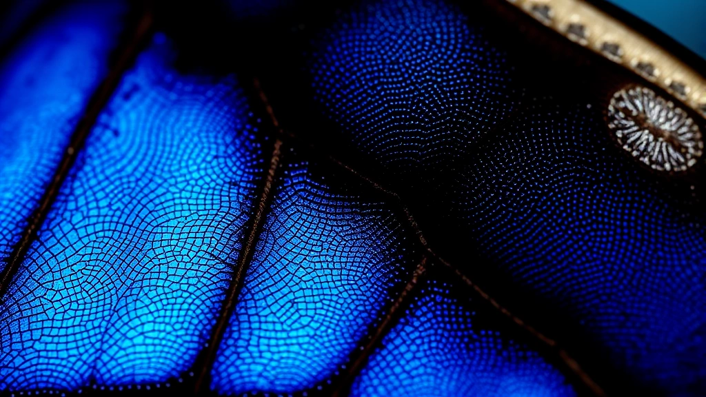 Close-up of iridescent morpho butterfly wing scales showing brilliant blue structural coloration, photorealistic macro photography with soft natural lighting, shallow depth of field emphasizing intricate texture and shimmer