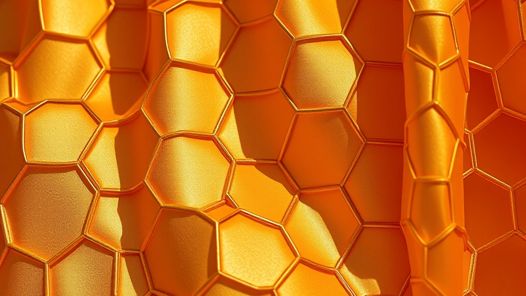 Luxury fashion detail shot of honeycomb-patterned fabric with geometric precision, golden-bronze tones, photographed with natural daylight creating dimensional shadows that emphasize three-dimensional structure and textile craftsmanship