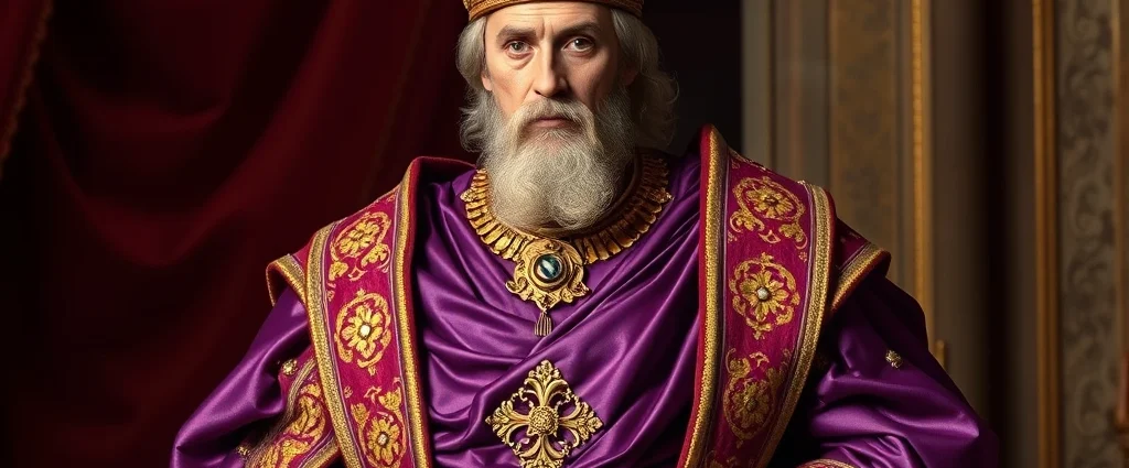 Byzantine emperor in full imperial regalia: purple silk dalmatica with gold embroidery, ornate fibula brooch, elaborate diadem crown, layered formal robes, rich jewel tones, intricate woven patterns, standing in regal pose, luxurious fabrics catching light, no text or logos visible