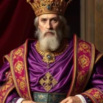 Byzantine emperor in full imperial regalia: purple silk dalmatica with gold embroidery, ornate fibula brooch, elaborate diadem crown, layered formal robes, rich jewel tones, intricate woven patterns, standing in regal pose, luxurious fabrics catching light, no text or logos visible