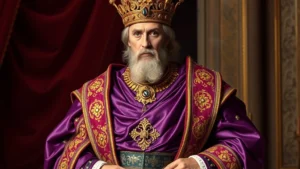 Byzantine emperor in full imperial regalia: purple silk dalmatica with gold embroidery, ornate fibula brooch, elaborate diadem crown, layered formal robes, rich jewel tones, intricate woven patterns, standing in regal pose, luxurious fabrics catching light, no text or logos visible