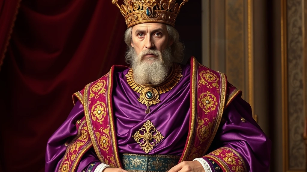 Byzantine emperor in full imperial regalia: purple silk dalmatica with gold embroidery, ornate fibula brooch, elaborate diadem crown, layered formal robes, rich jewel tones, intricate woven patterns, standing in regal pose, luxurious fabrics catching light, no text or logos visible