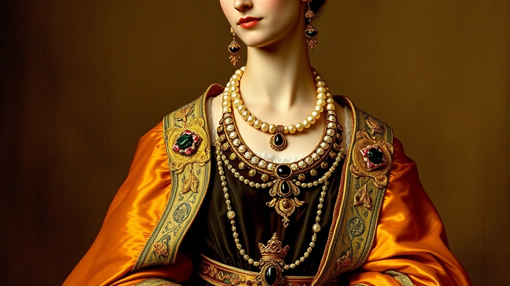 Byzantine empress in formal court dress: flowing silk stola with gold embroidery, ornate necklace with gemstones, elaborate headdress with pearls and precious stones, layered garments showing Byzantine silhouettes, rich colors and ornamental details, graceful pose, no visible text or identifying marks
