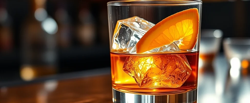 Elegant whiskey glass with perfectly clear ice cube and orange twist, amber liquid catching warm golden light, sophisticated bar setting with blurred background