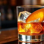 Elegant whiskey glass with perfectly clear ice cube and orange twist, amber liquid catching warm golden light, sophisticated bar setting with blurred background