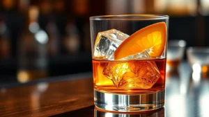 Elegant whiskey glass with perfectly clear ice cube and orange twist, amber liquid catching warm golden light, sophisticated bar setting with blurred background