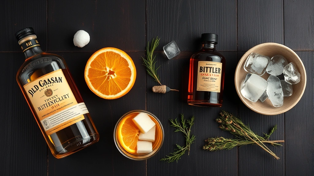 Overhead flat lay of Old Fashioned ingredients artfully arranged: whiskey bottle, sugar cube, fresh orange, bitters bottle, ice, and aromatic herbs on dark wooden surface
