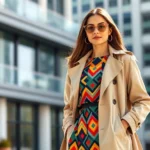 Fashion-forward woman wearing vibrant geometric print dress with neutral beige trench coat, standing in urban setting with modern architecture background, confident pose, natural daylight