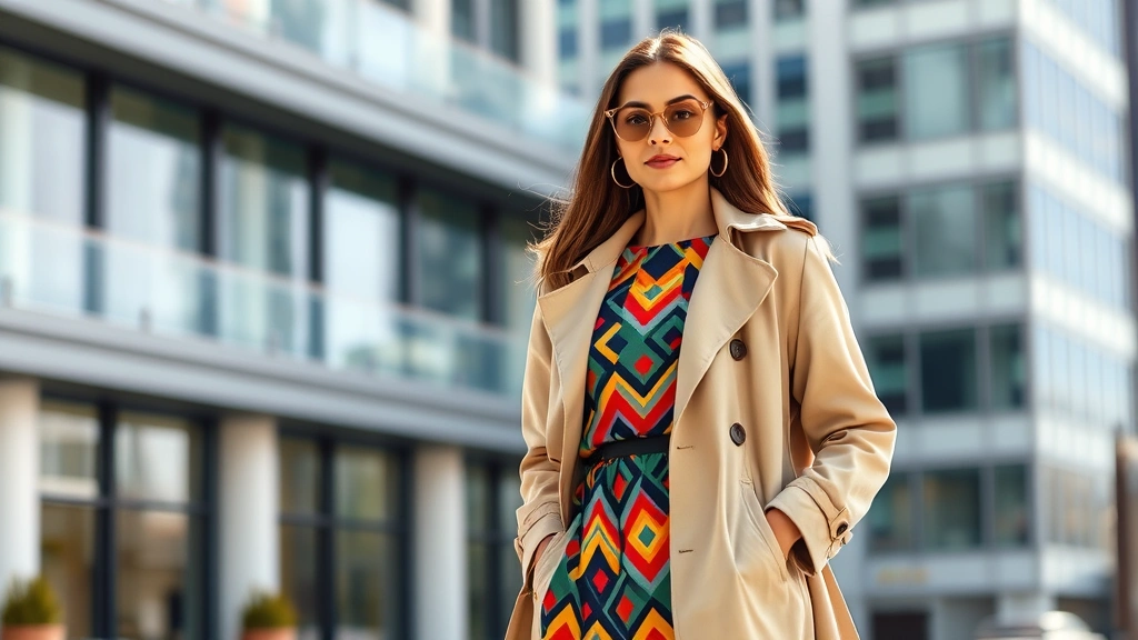 Fashion-forward woman wearing vibrant geometric print dress with neutral beige trench coat, standing in urban setting with modern architecture background, confident pose, natural daylight