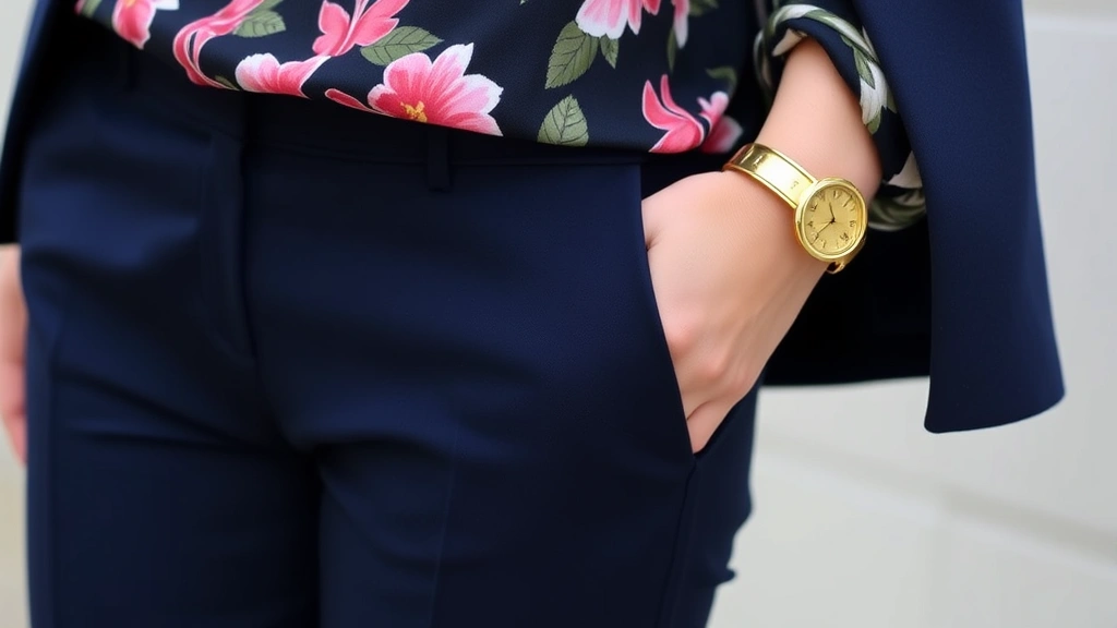 Close-up detail of mixed pattern styling: bold floral printed blouse tucked into solid navy tailored trousers, gold jewelry visible, sophisticated neutral aesthetic