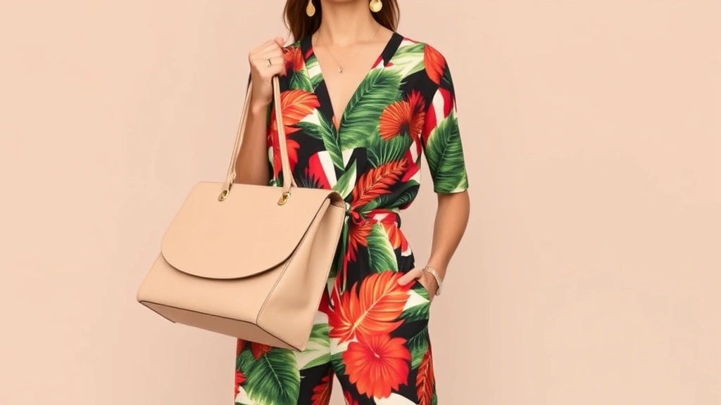 Woman in bold tropical print jumpsuit accessorized with minimal gold jewelry and neutral structured handbag, posed against neutral backdrop, showcasing confident pattern-wearing styling