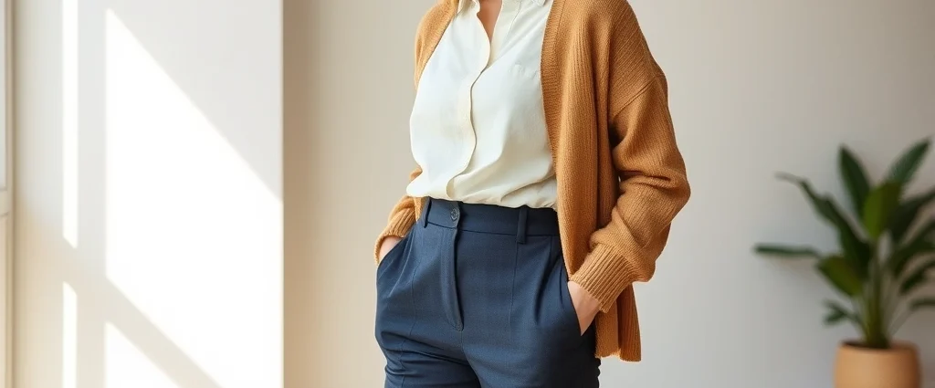 Woman wearing cream linen button-up shirt, tailored navy trousers, and camel wool cardigan, standing in minimalist light-filled interior space, natural lighting highlighting fabric texture and refined silhouette