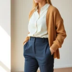 Woman wearing cream linen button-up shirt, tailored navy trousers, and camel wool cardigan, standing in minimalist light-filled interior space, natural lighting highlighting fabric texture and refined silhouette