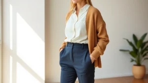 Woman wearing cream linen button-up shirt, tailored navy trousers, and camel wool cardigan, standing in minimalist light-filled interior space, natural lighting highlighting fabric texture and refined silhouette