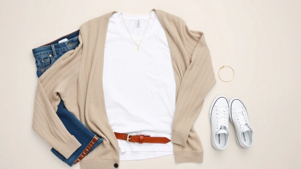 Overhead flat lay of casual chic essentials: white cotton t-shirt, quality denim, neutral cardigan, leather belt, simple gold jewelry, and white minimalist sneakers arranged on neutral background