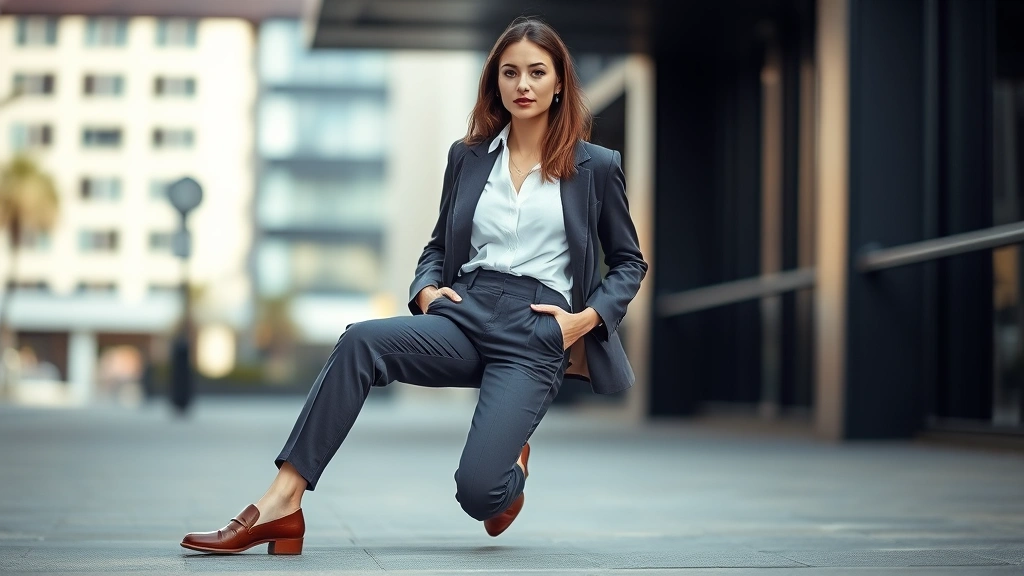 Woman styled in casual chic aesthetic wearing white shirt tucked into tailored trousers, structured blazer, and leather loafers, posed naturally in urban setting with soft natural lighting