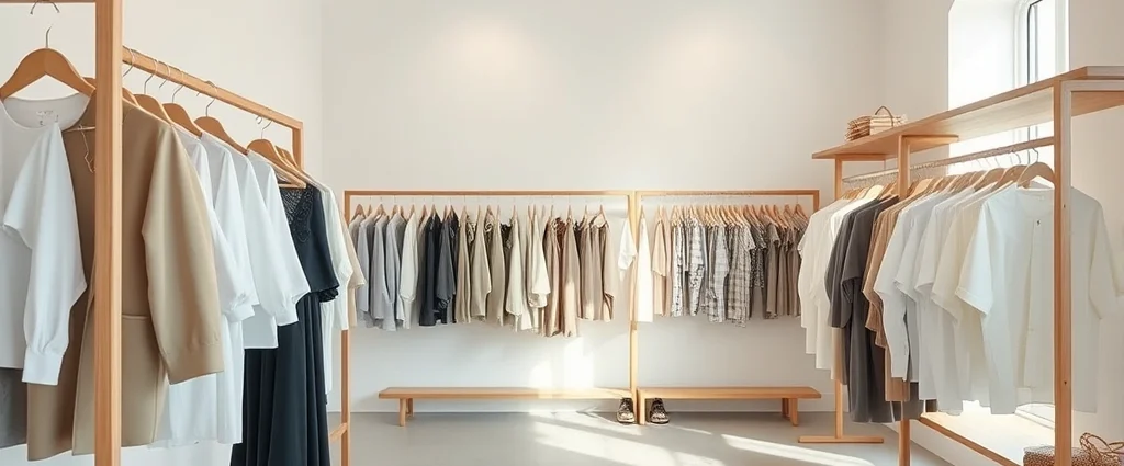 A curated boutique interior featuring minimalist clothing displays with neutral tones, soft lighting, and carefully arranged locally-designed garments on elegant wooden racks, photorealistic.