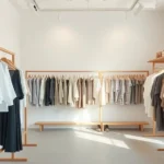A curated boutique interior featuring minimalist clothing displays with neutral tones, soft lighting, and carefully arranged locally-designed garments on elegant wooden racks, photorealistic.