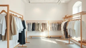 A curated boutique interior featuring minimalist clothing displays with neutral tones, soft lighting, and carefully arranged locally-designed garments on elegant wooden racks, photorealistic.