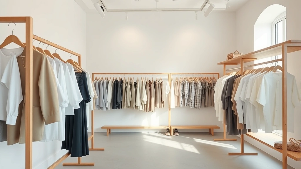 A curated boutique interior featuring minimalist clothing displays with neutral tones, soft lighting, and carefully arranged locally-designed garments on elegant wooden racks, photorealistic.